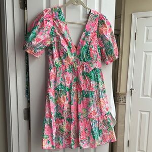 Lilly Pulitzer Pink Green Floral V-Neck Tiered Dress